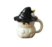 Mqnnfc Mug Chat Magique Mignon, Tasse Chat d'Halloween avec Chapeau, Mugs for les Amoureux des Chats, Mug en Céramique avec Couvercle, Cadeaux for Adultes, Enfants et Femmes(White)