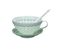 Mqnnfc Tasse à café en céramique ajourée Artisanale, Ensemble créatif de Tasses tricotées à la Main avec soucoupes, Tasses personnalisées, Tasses Uniques en Tissage de Panier(Green)