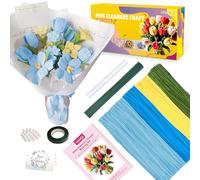MQOALA Kit de Fleurs en Fil Chenille, 350 Pièces pour Bricolage, 4 Couleurs, avec Perles Décoratives, Ruban de Fleuriste, Fil Floral et Instructions -DIY Cure Pipe (Bleu)