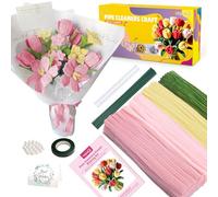 MQOALA Kit de Fleurs en Fil Chenille, 350 Pièces pour Bricolage, 4 Couleurs, avec Perles Décoratives, Ruban de Fleuriste, Fil Floral et Instructions -DIY Cure Pipe (Rosa)