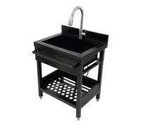 Mqwdxzfes Évier de cuisine autoportant, en acier inoxydable, noir, avec meuble bas et robinet, évier simple pour cave, bar, buanderie, garage, 86 cm
