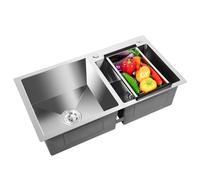 Mqwdxzfes Lot d'évier de cuisine encastrable en acier inoxydable - Double évier avec égouttoir - 2 bacs - Grand évier carré - Isolation acoustique - Double évier - 78 x 43 x 21 cm