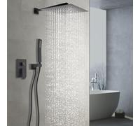 Mqwdxzfes Rainfall Ensemble de douche encastré, système de douche à effet pluie, avec thermostat et robinet, noir, carré, pommeau de douche, douchette à main, douchette à effet pluie, 30 x 30 cm