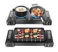 Mqwdxzfes Réchaud à gaz portable à deux flammes - Avec grille de cuisson - 2 x 1,15 kW - Allumage piézo - Réchaud à gaz à 2 feux - En acier inoxydable - Pour camping, pique-nique, barbecue