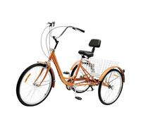 Mqwdxzfes Tricycle 24", 6 vitesses, pour adultes, 3 roues, avec panier à provisions et dossier, vélo de courses, tricycle de courses, vélo antidérapant pour adultes et personnes âgées (jaune)