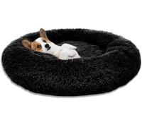 MQXDNFDC Lit rond pour animal de compagnie, lit apaisant en peluche chaude et douce en forme de beignet, confortable pour dormir en hiver, lavable, 110 cm, marron (noir, 80 cm)