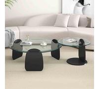 MQXDNFDC Lot de 2 tables basses gigognes en verre modernes avec base en bois, table basse ronde minimaliste pour salon (89 + 50,8 cm, marron + noir) (transparent + noir)