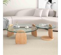 MQXDNFDC Lot de 2 tables basses gigognes en verre modernes avec base en bois, table basse ronde minimaliste pour salon (89 + 50,8 cm, marron + noir) (transparent + bois,