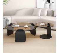 MQXDNFDC Lot de 2 tables basses gigognes en verre modernes avec base en bois, table basse ronde minimaliste pour salon (89 + 50,8 cm, marron + noir) (marron + noir)