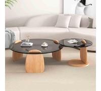 MQXDNFDC Lot de 2 tables basses gigognes en verre modernes avec base en bois, table basse ronde minimaliste pour salon (89 + 50,8 cm, marron + noir) (gris1 + bois,