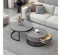 MQXDNFDC Lot de 2 tables basses rondes gigognes avec tiroir de rangement, table de canapé avec structure en métal texturé en marbre ardoise, table basse moderne pour chambre à coucher, salon,