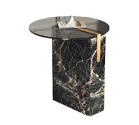 MQXDNFDC Table d'appoint en imitation marbre, table d'appoint ronde avec comptoir en verre trempé et base en marbre, table de canapé, table de chevet pour salon ou chambre à coucher, table d'appoint