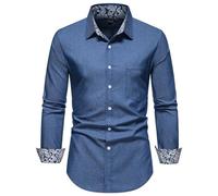 MQYXGS Chemise en jean pour homme en coton à manches longues - Chemise décontractée à manches longues - Imprimé brodé - Chemise à manches longues en jean - Chemise de travail boutonnée - Coupe droite