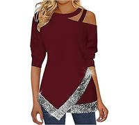 MQYXGS Chemises pour Femmes Col rond Maillots à Manches Longues Patchwork Chemise à Épaules Dénudées T-shirt à Paillettes Irrégulières Tunique Tunique Décontracté Larges Shirts Chemisiers Blouse