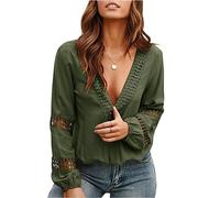 MQYXGS Chemisier sexy en dentelle et col en V profond à manches longues avec décolleté décontracté tunique haut uni T-shirts S-XXL, D-vert, M