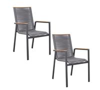 MR. DEKO Alicante Lot de 2 fauteuils empilables en aluminium Rope avec accoudoirs, 60 x 57 x 90 cm, cadre en aluminium gris foncé et revêtement en corde grise, peu encombrant, meubles d'extérieur
