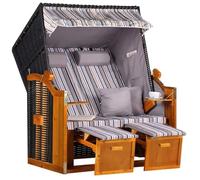 MR. DEKO Corbeille de Plage Ostsee 2 Places | Fauteuil Cabine Bois de Genévrier & Rotin PE Noir | Dossier Inclinable 165° avec Repose-Pieds Tables & Coussins | Abri de Jardin Design Gris Olive Chic