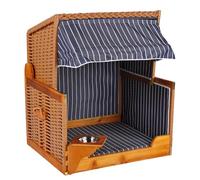 Mr. DEKO® Panier Plage Chien genévrier PE Beige | Motif rayé Bleu | Niche extérieure ombragée | Protection Solaire Animaux | Couchage Chien Chat | Bol Eau pivotant INOX Inclus