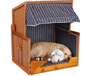 MR. DEKO® Panier Plage Chien genévrier PE Beige | Motif rayé Bleu | Niche extérieure ombragée | Protection Solaire Animaux | Couchage Chien Chat | Bol Eau pivotant INOX Inclus