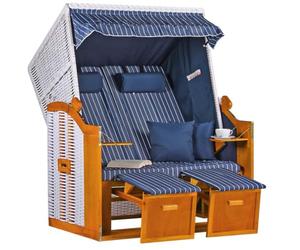 Mr. DEKO® Strandkorb Baltique rotin PE Blanc Bleu | qualité Premium | résistant Pluie Vent | Fauteuil-Cabine détente | mobilier de Jardin et Balcon extérieur, Coin Repos Chic