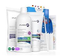 Mr. Fuss No. 4 Advanced Pack Steel Lot de 4 râpes à cuticules et anti-callosités Solution active à émollification rapide 500 ml Baume n° 2-200 ml Coton Grattoir en acier inoxydable