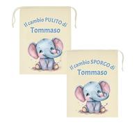 Mr. Gadgets Lot de 2 sacs de maternelle personnalisés avec nom - Sale et propre - tailles différentes 25 x 30 cm ou 30 x 40 cm - Changement enfant école nid maternelle, Éléphant, L 30x40 Cm