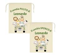 Mr. Gadgets Lot de 2 sacs de maternelle personnalisés avec nom - Sale et propre - tailles différentes 25 x 30 cm ou 30 x 40 cm - Changement enfant école nid maternelle, Voiture Safari, M 20x30 Cm