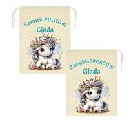 Mr. Gadgets Lot de 2 sacs de maternelle personnalisés avec nom - Sale et propre - tailles différentes 25 x 30 cm ou 30 x 40 cm - Changement enfant école nid maternelle, Licorne, M 20x30 Cm