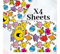 Mr Men & Little Miss Lot de 4 feuilles de papier cadeau 4 étiquettes 70 cm x 50 cm Produit officiel