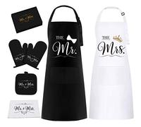 Mr & Mrs Lot de 6 tabliers de cuisine pour couples Cadeau de Saint-Valentin pour mariage, fête prénuptiale, fiançailles pour couple avec torchon, gants de cuisine et manique