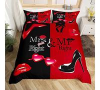 Mr Mrs Parure de Lit 220x240cm Couple Romantique Mariage Thème Housse de Couette Noir Rouge Créatif Drôle Citation Parure Housse de Couette Sexy Lèvre Rouge Moustache Romance Chambre Décor 3 pièces