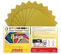 MR.R HTV Lot de 12 feuilles de vinyle de transfert thermique pour machine Cricut et presse à chaud, 30,5 x 25,4 cm, doré 0,305 x 0,25 m