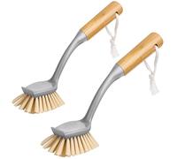 MR.SIGA Brosse à Vaisselle Radiale avec Grattoir Intégré à Long Manche en Bambou, Brosse à Récurer pour Nettoyage des Plates, Casseroles Éviers de Cuisine, Lot de 2