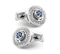 Mr.Van Boutons de Manchette Bleu Marine Cristal Cufflinks Argent, Classique Forme Ronde Boutons de Manchette pour Homme Affaires Mariage Fête Elégant