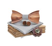 Mr.Van Noeud Papillon Bois pour Homme,Tour Bande Réglable, Style Classique Fait Main,Coffret en Bois (comprenant Boutons de Manchette,Fleur,Mouchoir et noeud papillon) pour Mariage Soirée Business