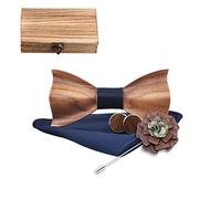 Mr.Van Noeud Papillon Bois pour Homme,Tour Bande Réglable, Style Classique Fait Main,Coffret en Bois (comprenant Boutons de Manchette,Fleur,Mouchoir et noeud papillon) pour Mariage Soirée Business