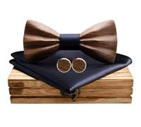 Mr.Van Noeud Papillon Hommes Bois Fait Main, Taille Réglable,Classique en Bois de Noyer Noir Naturel avec avec Boutons de manchette,Mouchoir set et Boîte-cadeau pour Hommes Bal de Mariage Bleu