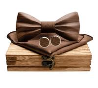 Mr.Van Noeud Papillon Hommes Bois Fait Main, Taille Réglable,Classique en Bois de Noyer Noir Naturel avec avec Boutons de manchette,Mouchoir set et Boîte-cadeau pour Hommes Bal de Mariage Marron