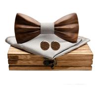 Mr.Van Noeud Papillon Hommes Bois Fait Main, Taille Réglable,Classique en Bois de Noyer Noir Naturel avec avec Boutons de manchette,Mouchoir set et Boîte-cadeau pour Hommes Bal de Mariage Argent