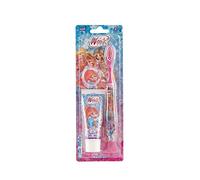 MR WHITE Travel Kit Winx: Kit de brosse à dents manuelle multicolore douce avec ventouse et dentifrice 25 ml