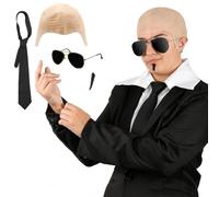 Mr Worldwide Ensemble d'accessoires de déguisement pour adulte 4 pièces avec casquette chauve, cravate noire, moustache Spiv et lunettes de soleil - Tenue de concert pour enterrement de vie de garçon