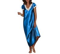 Mrat Chemise de nuit pour femme - Longue chemise de nuit en satin - Sexy - Col en V - Élégante - Manches courtes - Robe longue décontractée et douce - Vêtements de nuit - Vêtements de détente - Pyjama