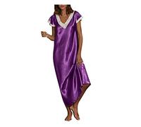 Mrat Chemise de nuit pour femme - Longue chemise de nuit en satin - Sexy - Col en V - Élégante - Manches courtes - Robe longue décontractée et douce - Vêtements de nuit - Vêtements de détente - Pyjama