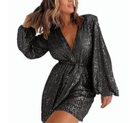 Mrat Combinaison à paillettes pour femme - Combinaison élégante pour fête de mariage - Short à paillettes - Barboteuse à manches longues et col en V - Salopette pour soirée, bal, cocktail, mariage,