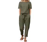 Mrat Ensemble deux pièces pour femme Linen Co Ord Ensemble grande taille haut à manches courtes élastique taille haute cordon de serrage ensemble col rond t-shirt pantalon costume tenues d'été détente