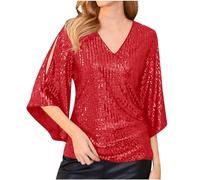 Mrat Haut à paillettes pour femme - Chemisier de fête brillant à manches 3/4 et col en V - Tunique ample décontractée péplum légère - Pull de soirée, bal, boîte de nuit, cocktail, sortie, Rouge #01, L