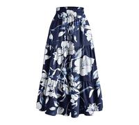 Mrat Jupe longue d'été plissée taille haute pour femme - Jupe élégante à imprimé floral - Jupe trapèze plissée à volants - Cordon de serrage - Robe longue ample avec poches - Soldes de fête, Bleu
