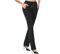 Mrat Pantalon évasé pour femme - Pantalon de yoga taille haute élastique avec poches - Cordon de serrage - Bas de jambe large - Pantalon d'entraînement - Contrôle du ventre - Pantalon droit extensible