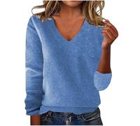 Mrat Pull pour femme en coton tricoté à manches longues et col en V - Pull décontracté ample de couleur unie - Élégant et doux - Confortable - Taille 36 - 38 - 40, Bleu ciel #01, L