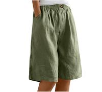 Mrat Short d'été en coton et lin pour femme - Longueur genou - Bermuda cargo ample - Taille élastique - Short décontracté - Jupe-culotte pour femme - Poches - Pour le sport, le travail, les voyages